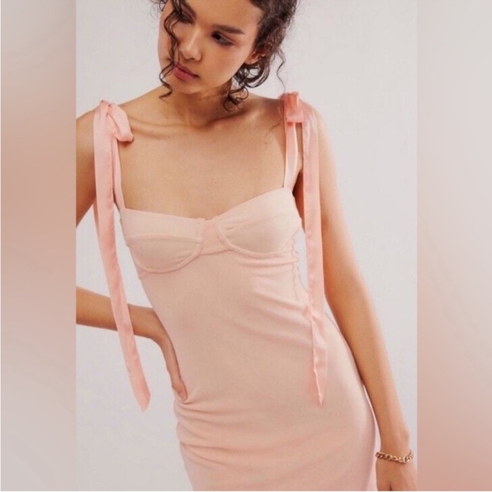 FREE PEOPLE Got Glam Mesh Tie Shoulder Slip Dress in Pink Salt NWOT